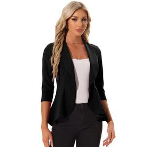 Open Front Blazer Women's Draped Collar 3/4 Sleeve Ruffle Office Blazer Black